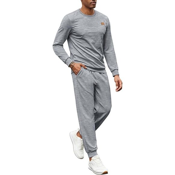 Men's 2 Piece Sweat suit Jogging Suit Set Long Sleeve Jacquard Shirt Light Grey - Picture 3 of 8